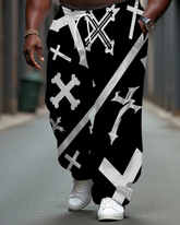 Big Men's Street Fashion Multi Cross Printed Pocket Drawstring Daily Casual Pants